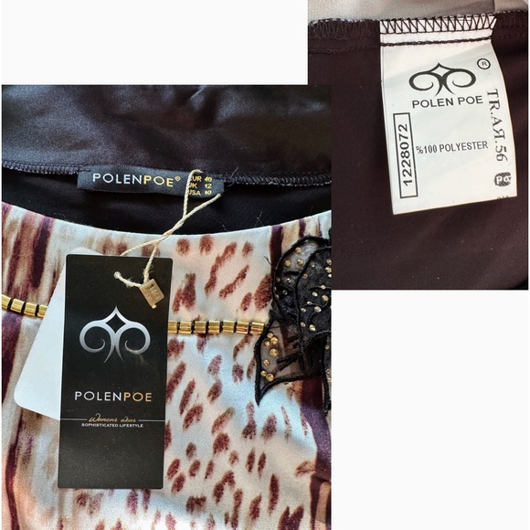 NWT POLEN POE 2PC‎ SET SKIRT/BLOUSE SATIN BLACK ANIMAL PRINT 3/4 SLEEVES - Picture 5 of 11